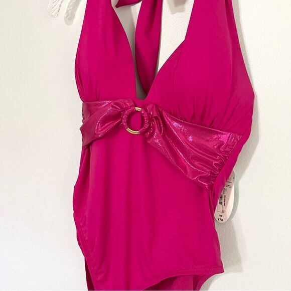 NWT New Mynah One Piece Halter Swimsuit Magenta Faux Belt Small Pink - Picture 2 of 7